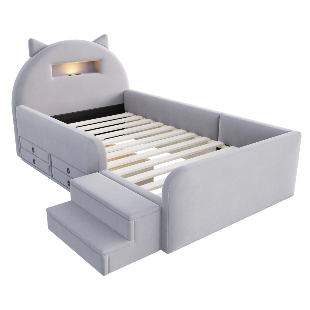 Letto Singolo 90x200 cm; Contenitore; USB e Lampada in Velluto; Grigio Chiaro