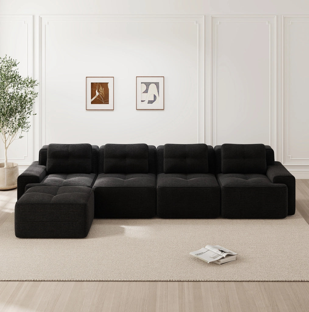 Divano modulare con chaise longue; 4 posti; corduroy; nero; 382x177x69 cm