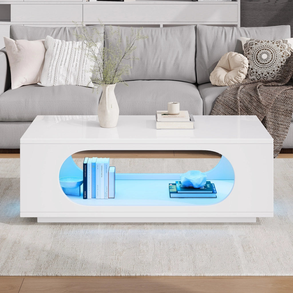 Tavolino lucido, illuminazione a LED, 100 x 50 x 35 cm, in MDF, con design traforato, bianco