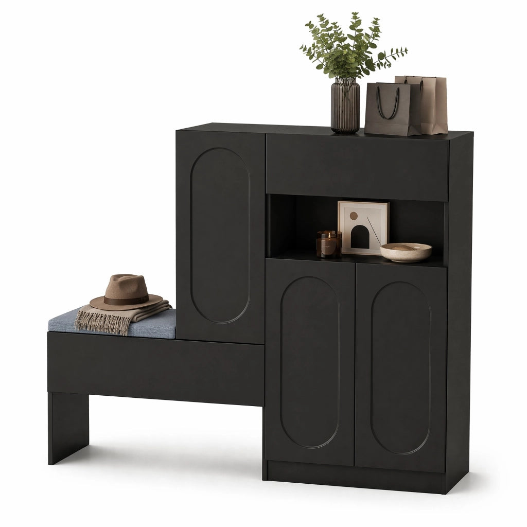 Mobile scarpiera 2 in 1 con panca imbottita e ante soft-close, nero, 130x35x110 cm