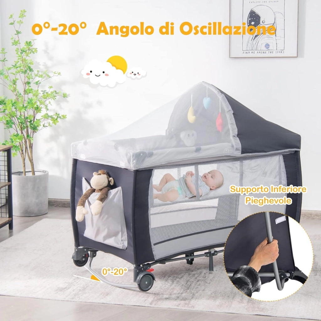 Lettino Campeggio per Bambini, Lettino da Viaggio Pieghevole con Fasciatoio, Culla Lettino per Neonati, con Giocattoli, Zanzariera, Box Portatile con Borsa, per Bambini 0-36 Mesi (Grigio)