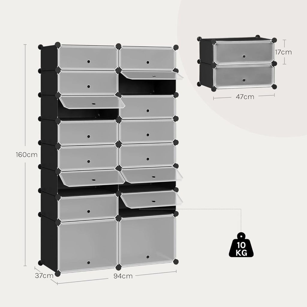 Scarpiera, 2x8 Livelli per 32 Paia di Scarpe, Armadietto ad Incastro con Ante, Scaffale Portascarpe per Giochi, Pannelli in PP, con Mazzetta in Plastica, Nero+Bianco