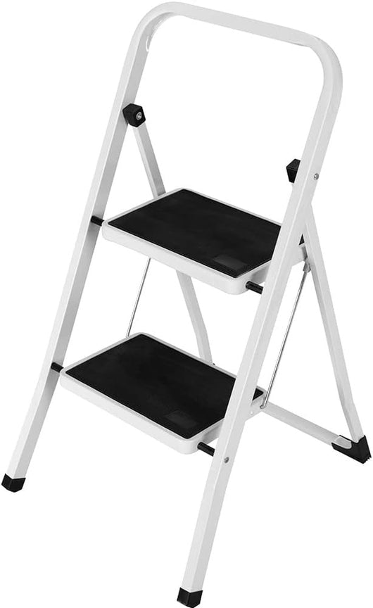 Scala a 2 Gradini  Pieghevole Facile da Riporre Portata max 150 kg, Bianco Semplice