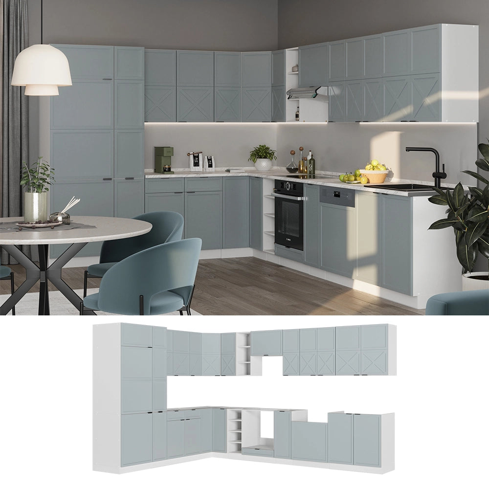 Cucina angolare completa Fame-Line Blu-grigio chiaro/Bianco 347 x 60 cm, PL Marmo Vicco