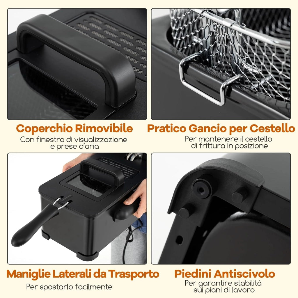 Friggitrice ad Olio 3 L, 1700W Friggitrice Elettrica Professionale con Cestello Estraibile, Coperchio con Finestra, Timer e Termostato Regolabile 149-190°C