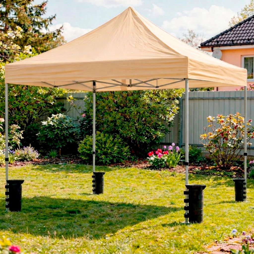 Gazebo Professionale Con Struttura A Fisarmonica Richiudibile Automatico In Acciaio E Telo Oxford 1200D PVC Impermeabile E Anti UV Dotato Di Sacche Zavorra E Borsa Trasporto Per Sagre Feste Eventi 3x3 M Beige