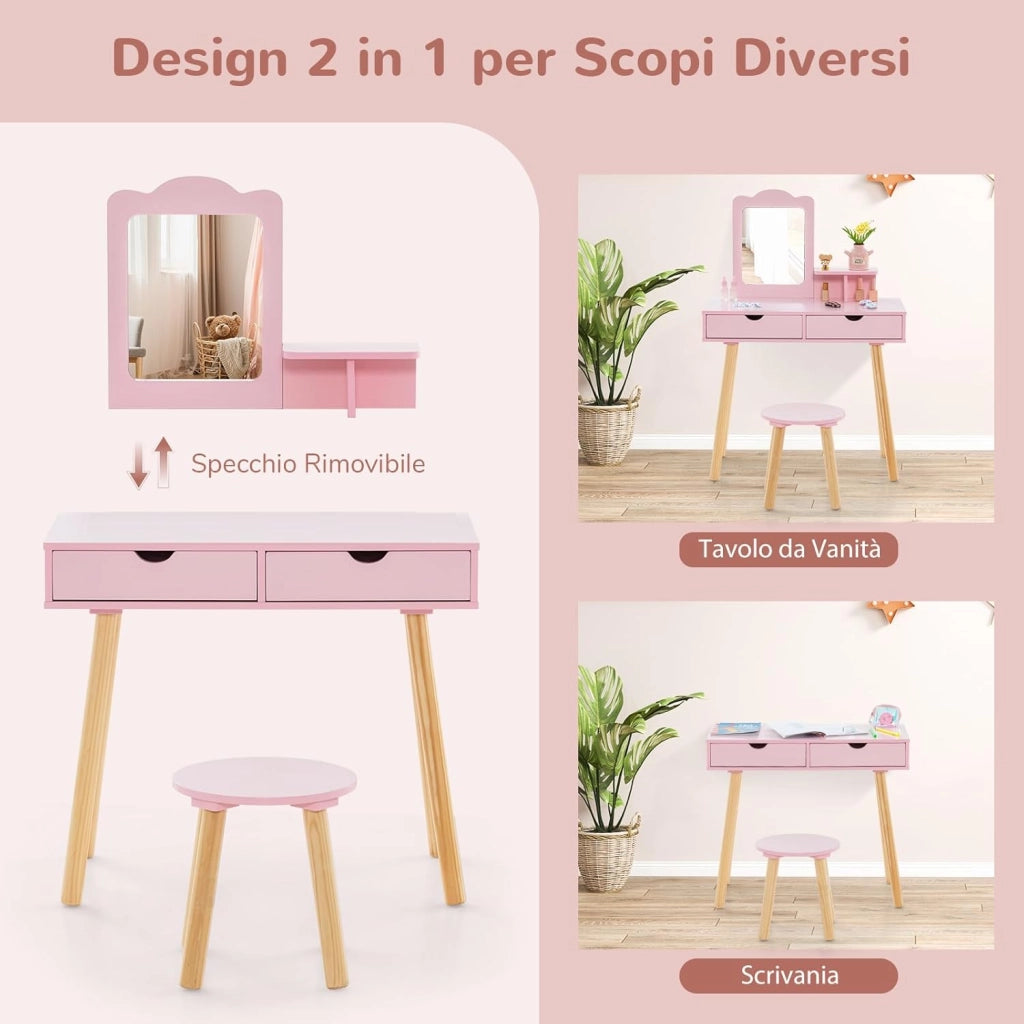 2 in 1 Set Toeletta per Bambini, Postazione Trucco in Legno con Sgabello, Specchio Rettangolare Staccabile e 2 Cassetti Capienti, Ideale per Bambini dai 3 ai 7 Anni, 70 x 37 x 100 cm