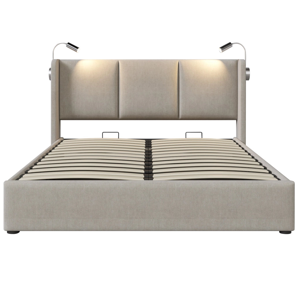 Letti contenitori 140x200 cm; contenitore con luce lettura e USB; lino beige (Senza materasso)