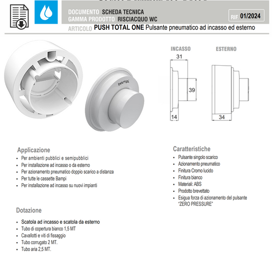 PULSANTE PNEUMATICO AD INCASSO ED ESTERNO PUSH- Bianca- BAMPI- pezzi 1
