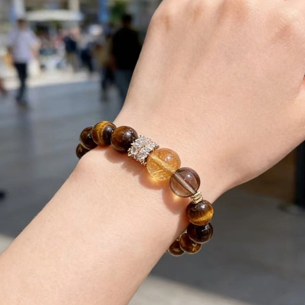 Bracciale grande con perline di quarzo rutilato citrino per uomo e donna, bracciale con pietra naturale occhio di tigre
