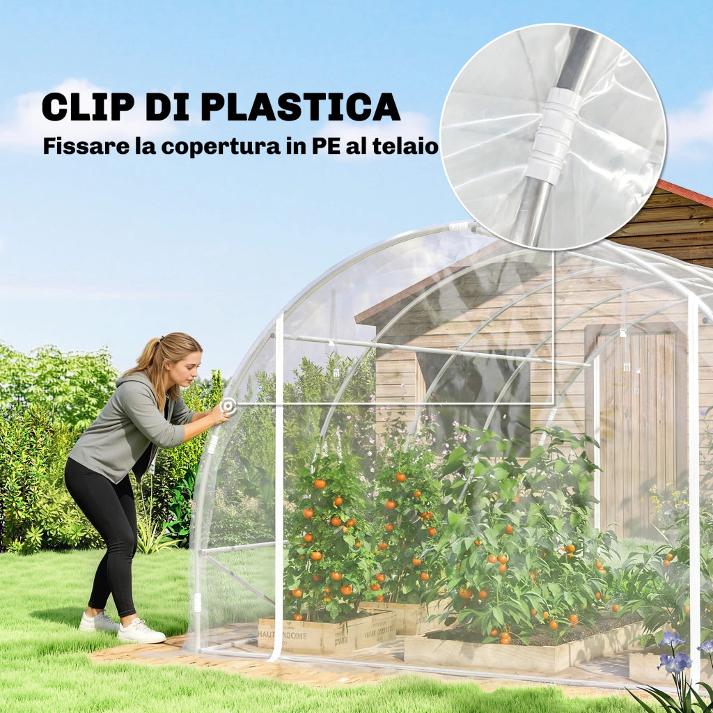 Serra a Tunnel 3x4x2 m con Porte Avvolgibili Telaio in Acciaio e Copertura in PE Anti-UV Trasparente