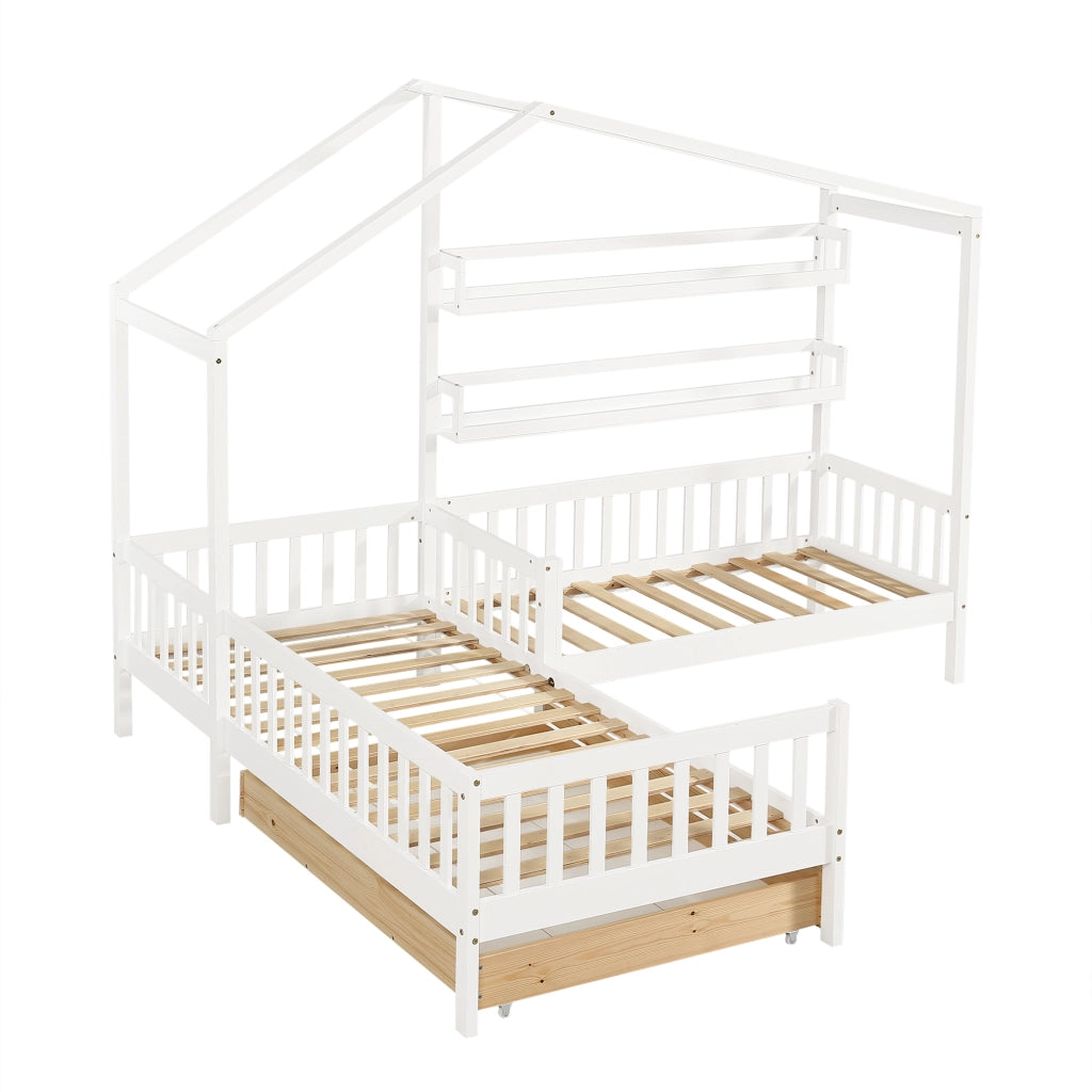 Letto casetta per bambini 200 × 90 cm e 140 × 70 cm con barriera; cassetto e 2 mensole; senza materasso