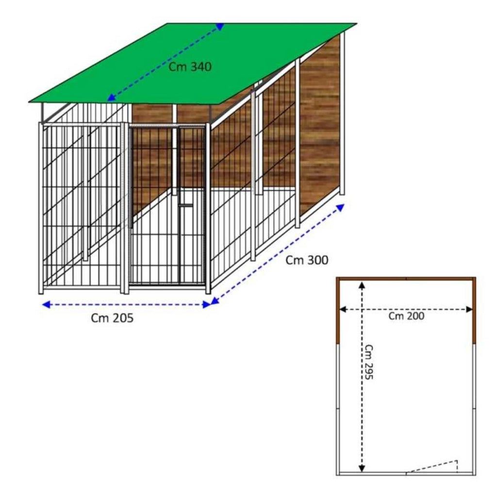 2 box per cani con copertura e retro in legno zincatura a caldo ciascuno da 200x300xh180 cm