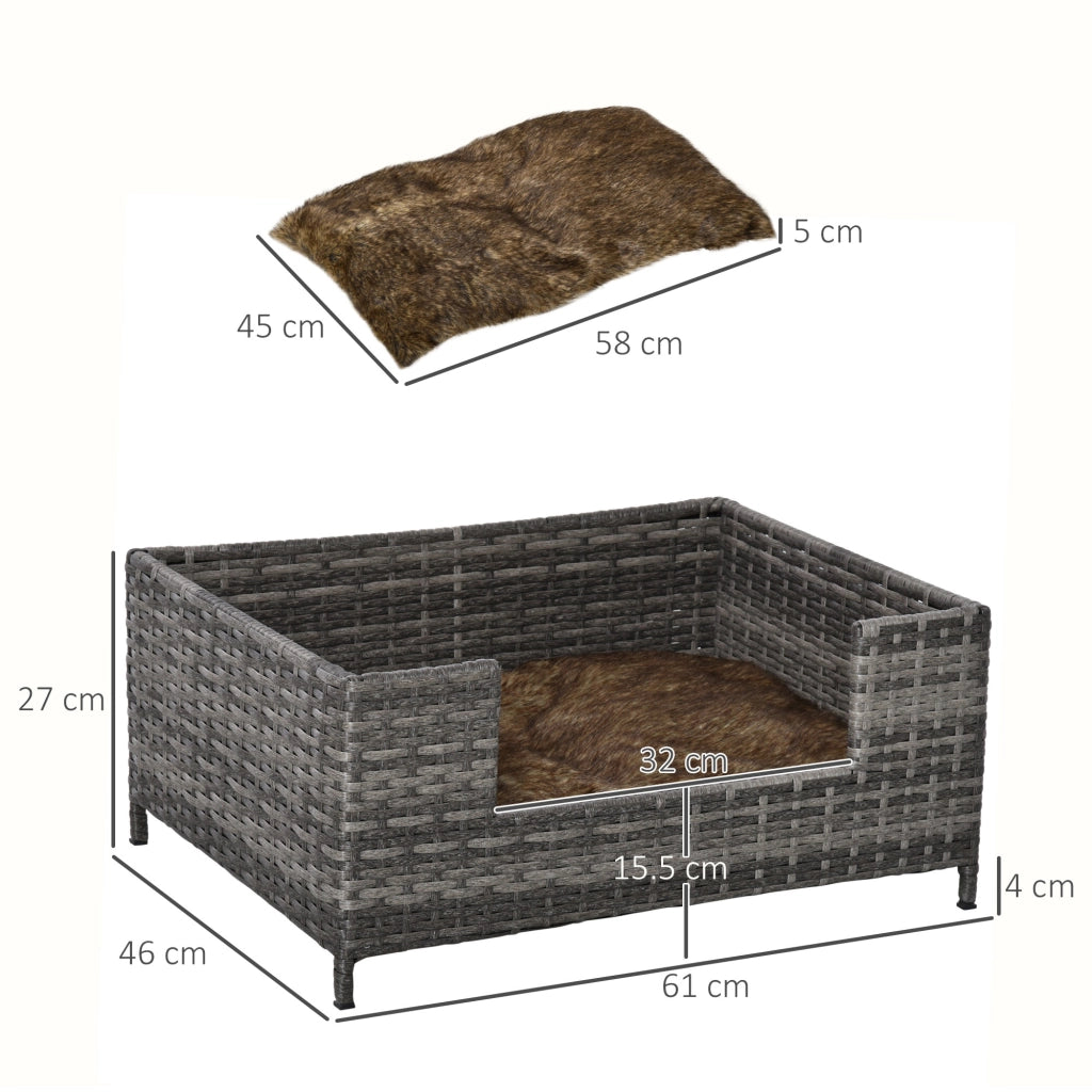 Easycomfort Cuccia per Cani e Gatti in Rattan con Cuscino Lavabile, Lettino per Animali da Interno, 61x46x27cm, Grigio Bianco
