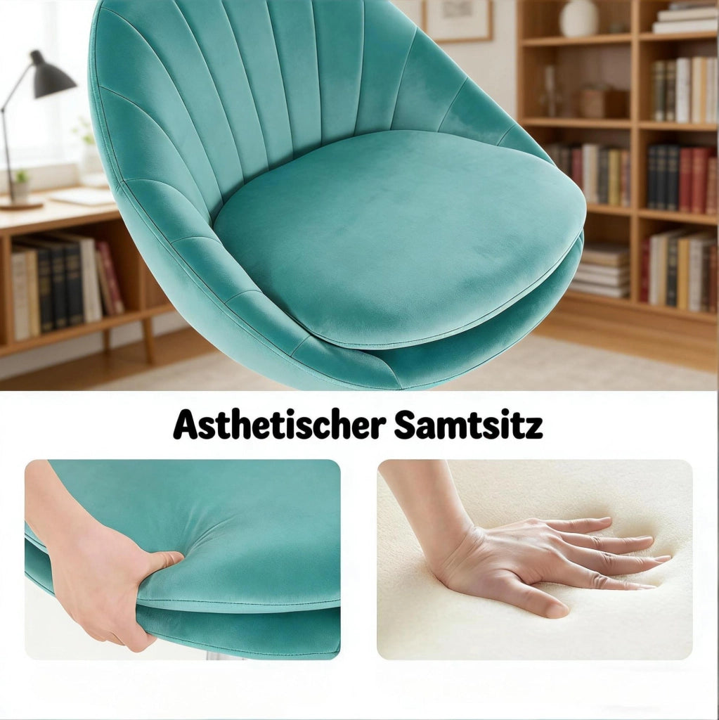 Sedia da ufficio ergonomica turchese in velluto regolabile con ruote