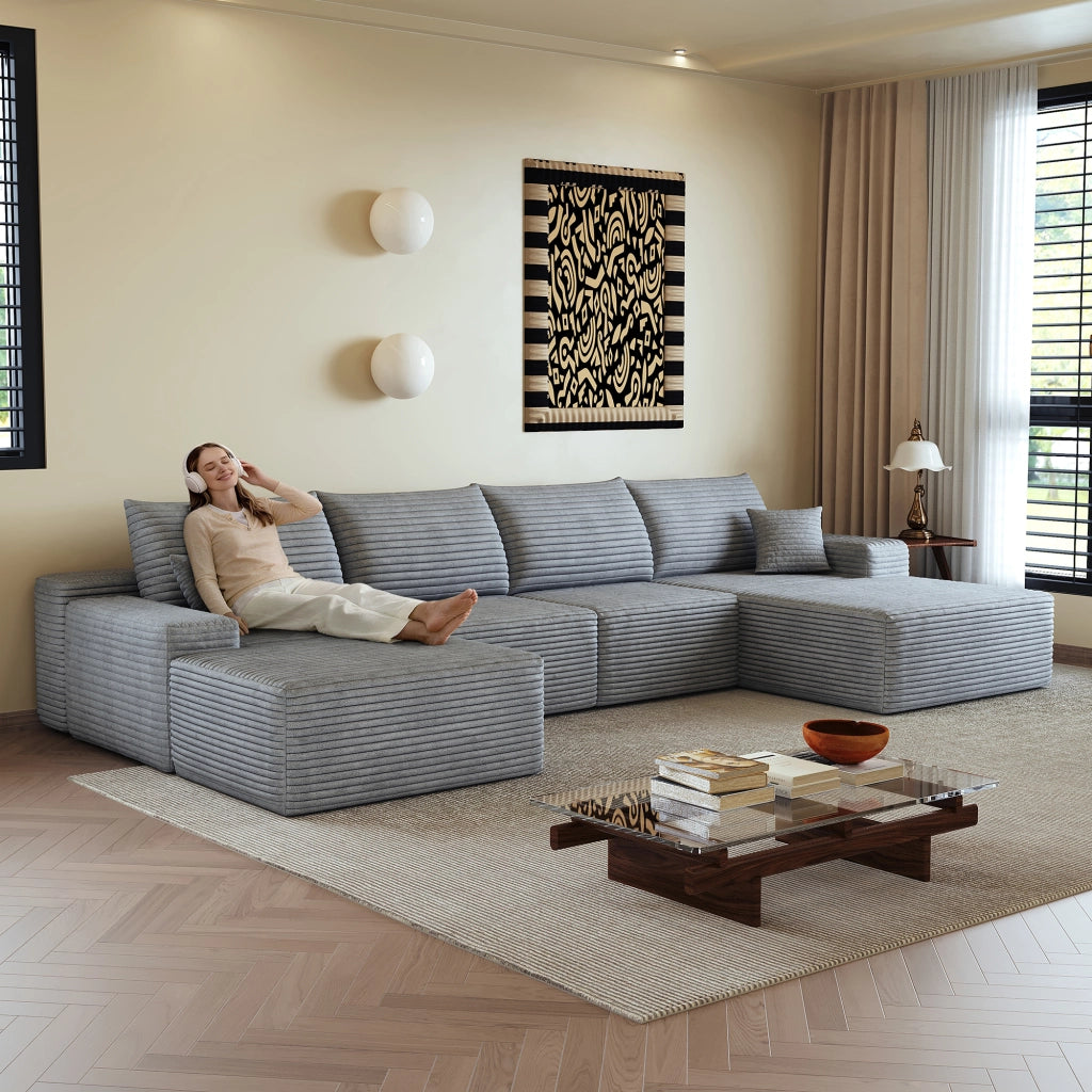 Divano angolare modulare in tessuto a coste con chaise longue e schiuma ad alta elasticità per soggiorno grigio