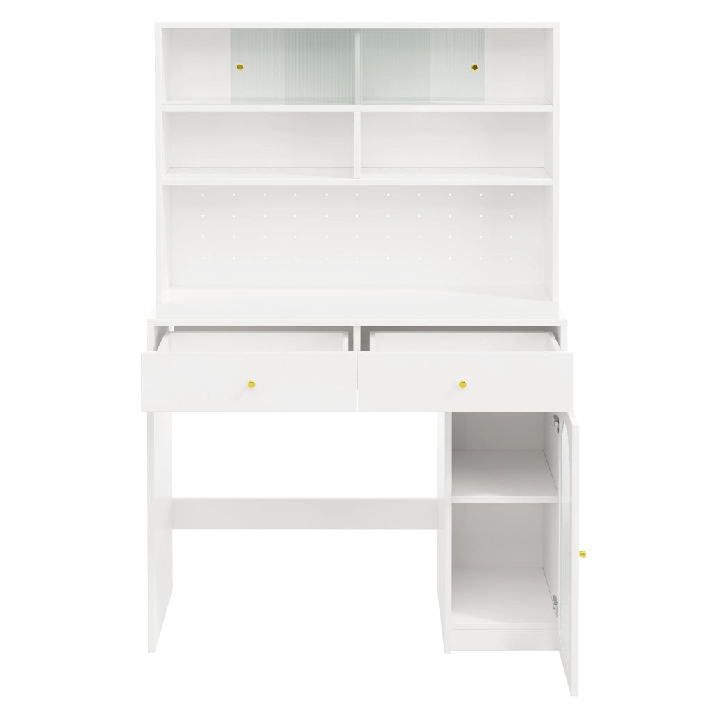 Credenza cucina multifunzionale con piano di lavoro, ante in vetro, cassetti e ganci, bianco