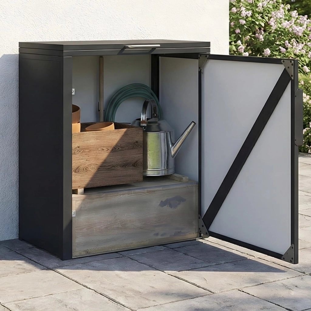 Armadio da Giardino in Metallo 70 x 40 x 80 cm Grigio Antracite con Tetto sollevabile, Doppia Anta e ripiano
