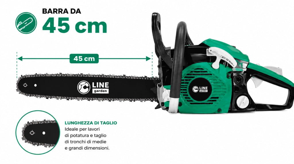 Motosega a Scoppio 45,5cc con Barra da 45 cm, Catena 0.325” Professionale per Taglio Legna e Potatura Alberi – TIMBERX-45