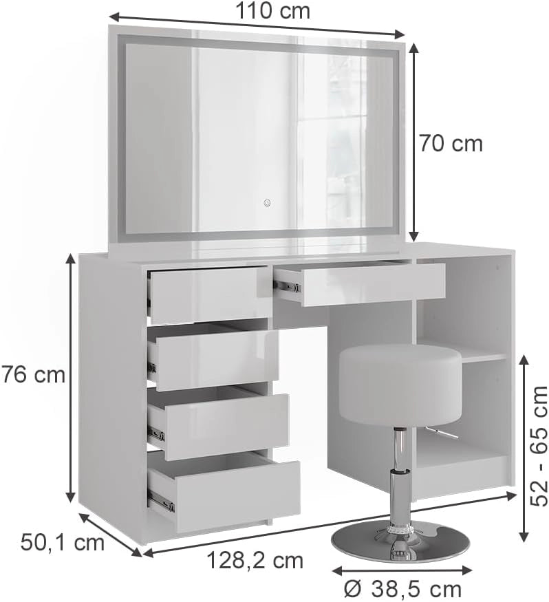 Tavolo da toeletta Sherry, Bianco/bianco lucido, 128.2 cm con specchio LED e sgabello, con piano d'appoggio laterale e sgabello regolabile in altezza