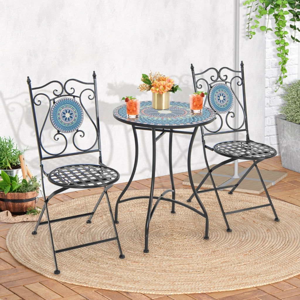 Set Mobili da giardino con mosaico da 3 pezzi, Tavolo rotondo e 2 sedie pieghevoli con struttura in metallo-Set mobili da esterno
