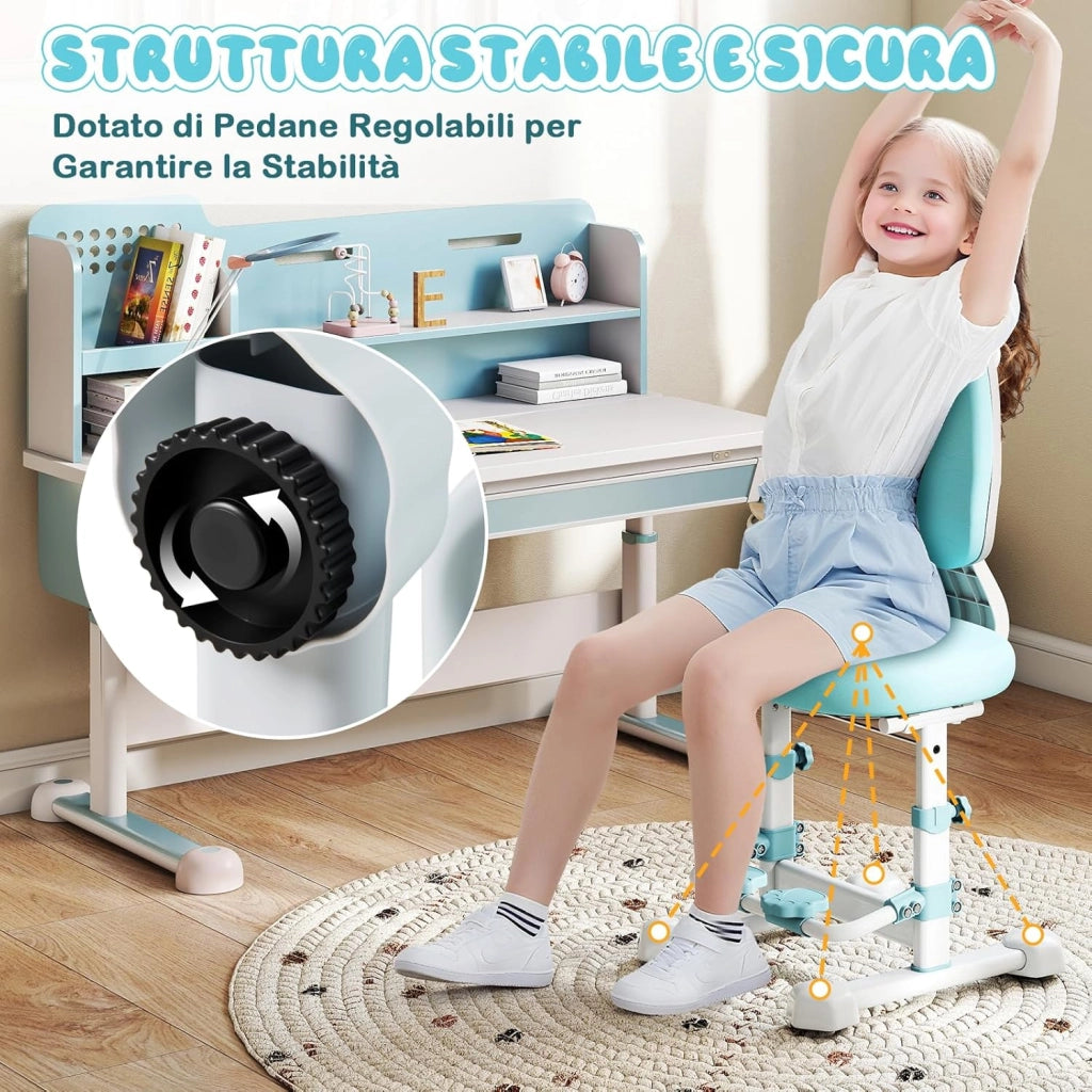 Sedia da Studio per Bambini, Poltrona Ergonomica da Scrivania con Schienale Doppio Regolabile e Poggiapiedi, Sedia Regolabile in Altezza Senza Braccioli per Bambini 3+ Anni (Blu)