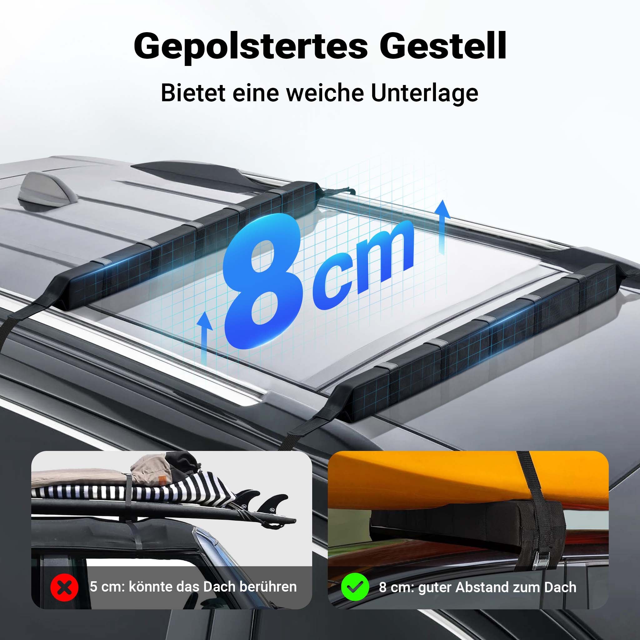 2x Barre portatutto per auto, barre morbide portapacchi universali, capacità 75 kg, per surf, kayak, sci