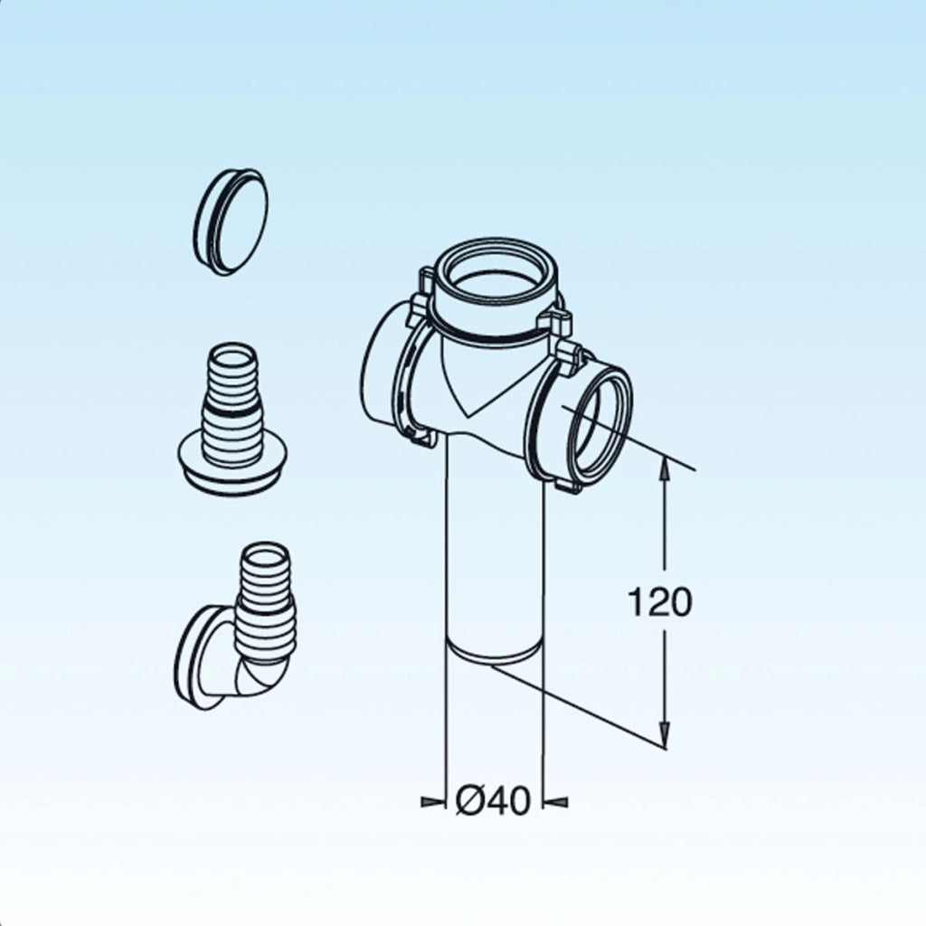 RACCORDO 3 VIE DIAM. 40 CON ATTACCO LAVATRICI E LAVASTOVIGLIE 120MM- Diam. 40 x 120mm- LIRA