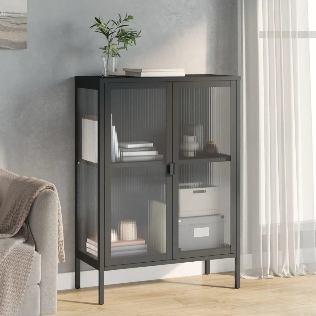 Credenza-Buffet-Armadio da cucina Nera 75x35x105 cm Vetro e Acciaio