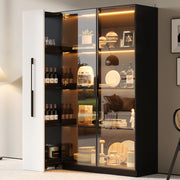 Vetrina in vetro LED 110,5x35x160 cm, design nero e bianco, con estraibile laterale e vani contenitivi