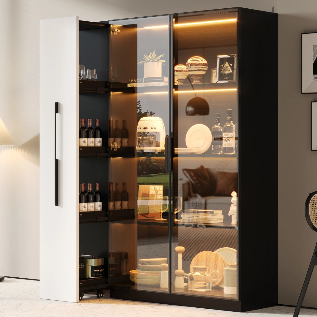 Vetrina in vetro LED 110,5x35x160 cm, design nero e bianco, con estraibile laterale e vani contenitivi
