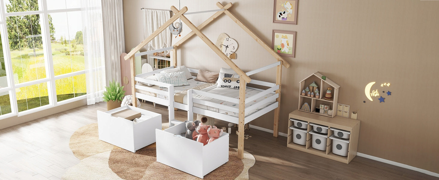 Letto a castello per bambini - Xylo - 90x200 - Con tetto, scaletta e cassetti