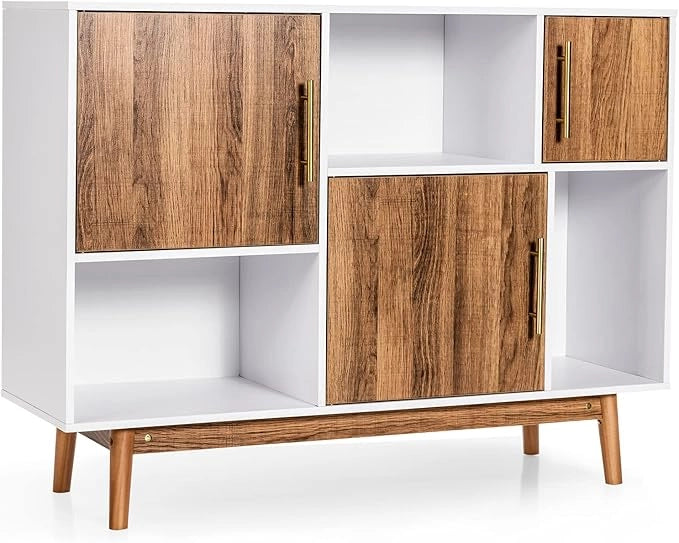 Mobile con 3 Ante e Scompartimenti, Armadietto da Interno Moderno e Versatile, con Gambe, Ideale per Ingresso, Soggiorno e Cucina, 95 x 31 x 76 cm, Bianco e Caffè