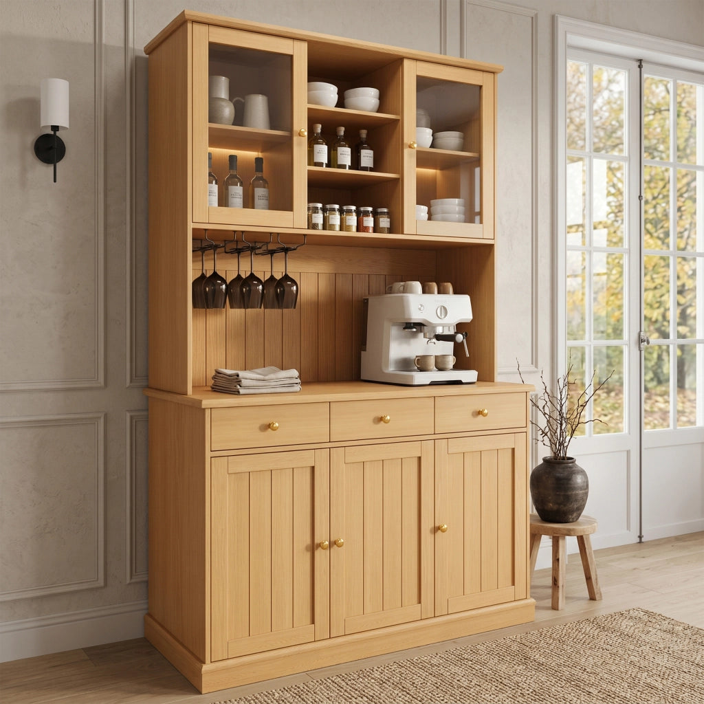 Credenza alta con vetrina, 1 cassetto e prese USB, per cucina e sala da pranzo, rovere naturale, 120 × 40 × 191 cm