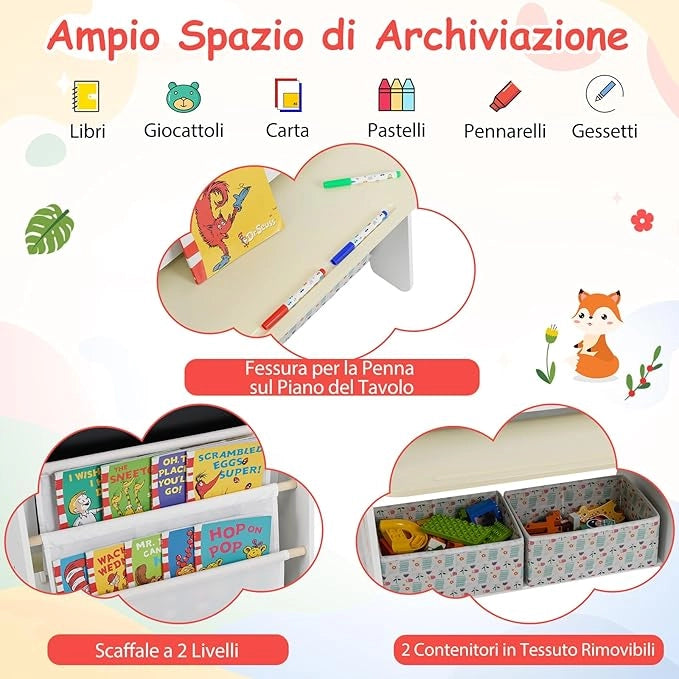 Set Tavolo e Sedia per Bambini, Lavagnetta Cancellabile Bambini con Sedia, Scaffale, 2 Contenitori in Tessuto, Gomma e Gessetti, Tavolino per Cameretta (Naturale)