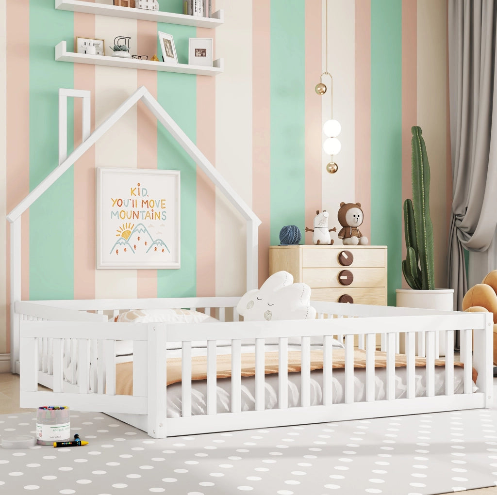 Letto per bambini 140x200 cm con forma camino; in pino e MDF; bianco/grigio