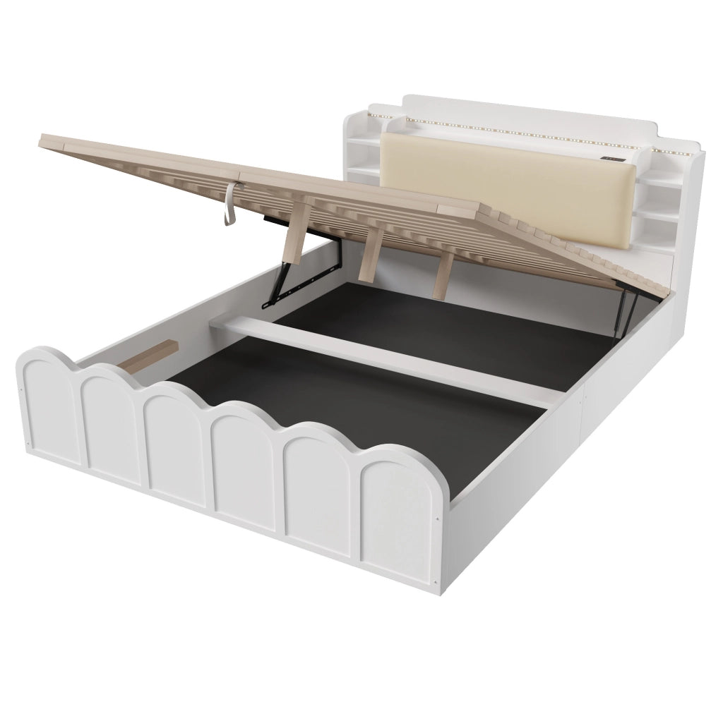 Letto 140x200 cm con contenitore; LED e USB in truciolare bianco