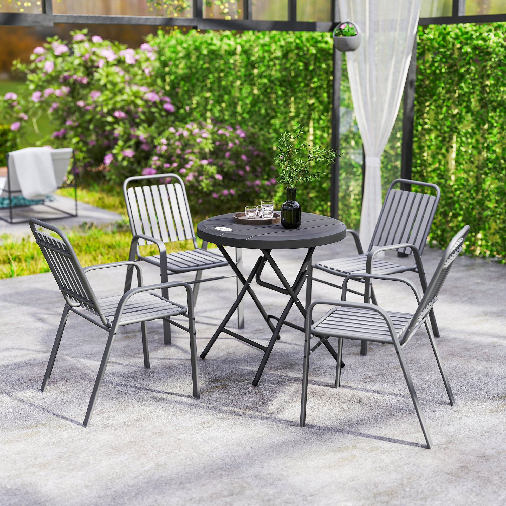 Tavolo da Giardino Ø80x73 cm Rotondo Pieghevole per 4 Persone in Alluminio e Plastica HDPE Grigio