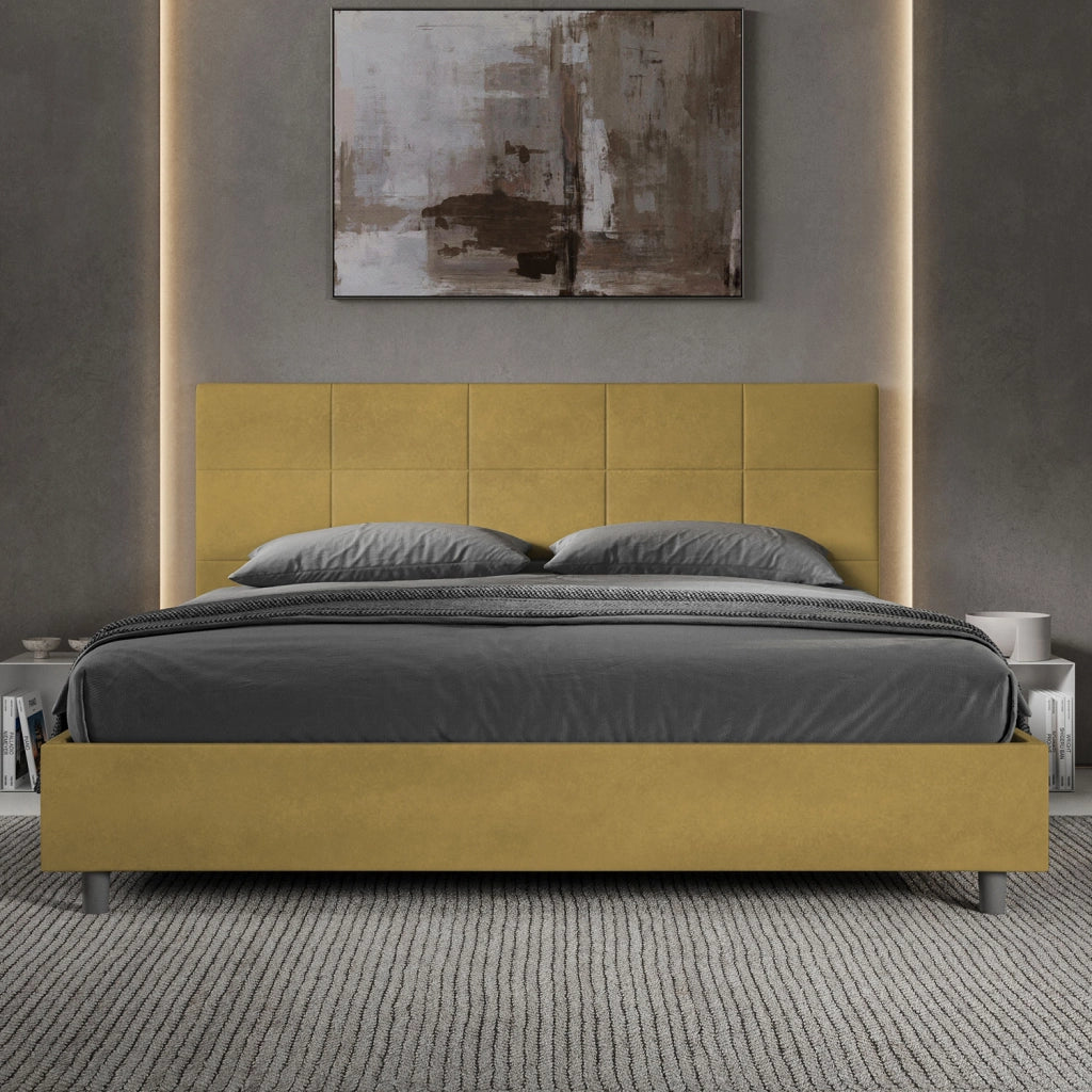 BS COM Letto matrimoniale king size con rete imbottito 180x210 microfibra ocra
