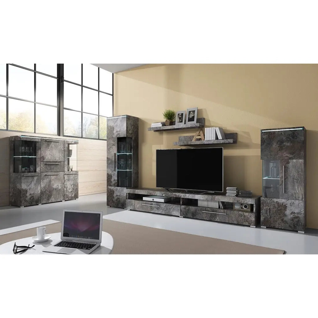 Credenza alta BOMBAY colore grigio effetto ardesia. Illuminazione LED multicolore integrata.