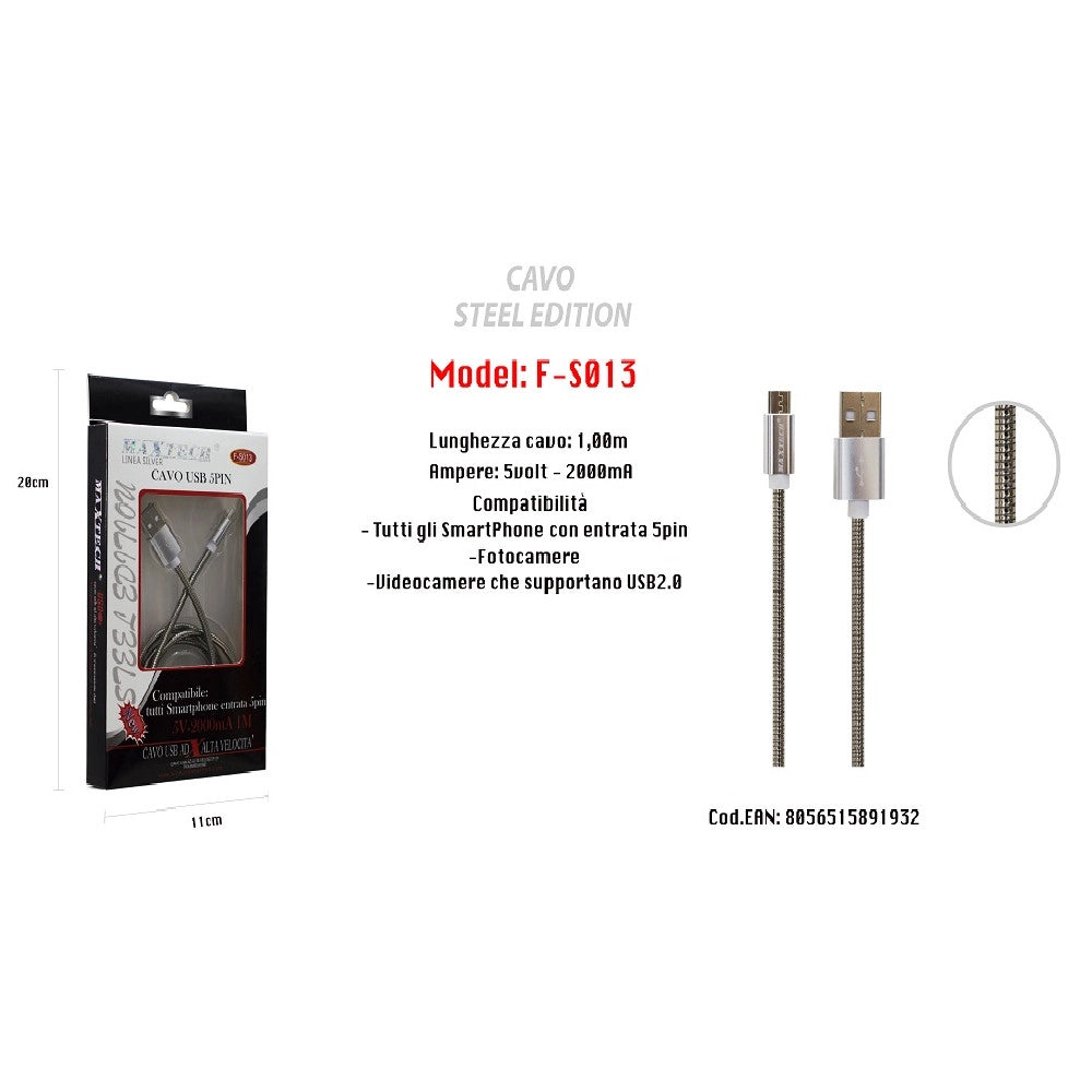 Trade Shop - Cavo Usb Steel Edition X Smartphone 5 Pin 5volt - 2100ma 1,0 Mt Maxtech F-s013 -