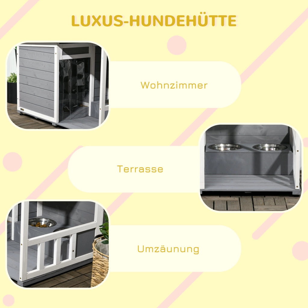 Cuccia per Cani in Legno Massello con Veranda e Ciotole ¨C zephmum ¨C 103x62x66 cm Grigio e Bianco