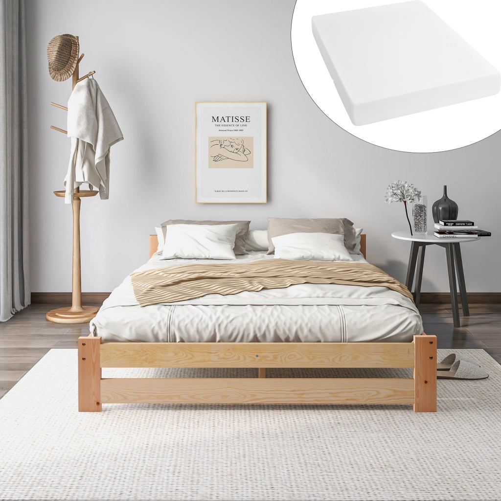 Letto matrimoniale 200 × 140 cm con testiera, materasso incluso, in legno massiccio, naturale