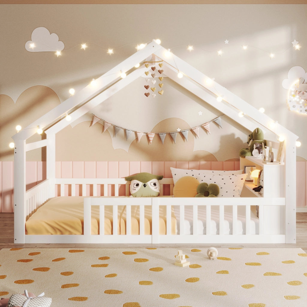 Letto per bambini 140×190 cm con sponde e ripiani laterali; senza materasso; legno; bianco