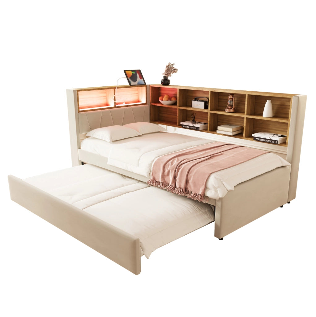 Divano letto multifunzionale con LED, prese e ampio spazio contenitivo