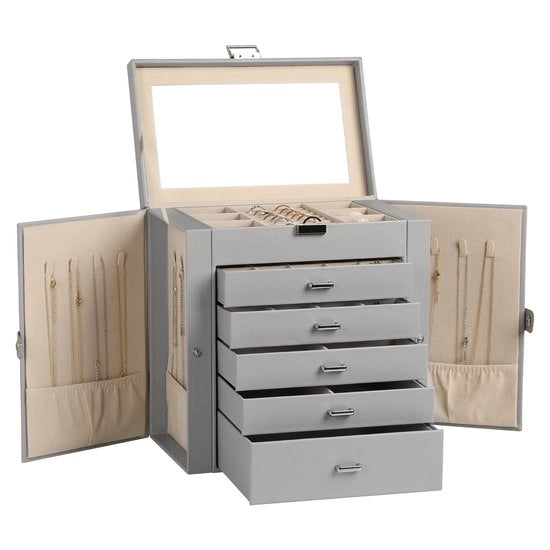 Organizzatore di accessori in pelle grande 6 strati con contenitore multifunzionale - per orecchini, collane, bracciali, orologi - con chiusura e specchio - 20 contenitori/16 ganci