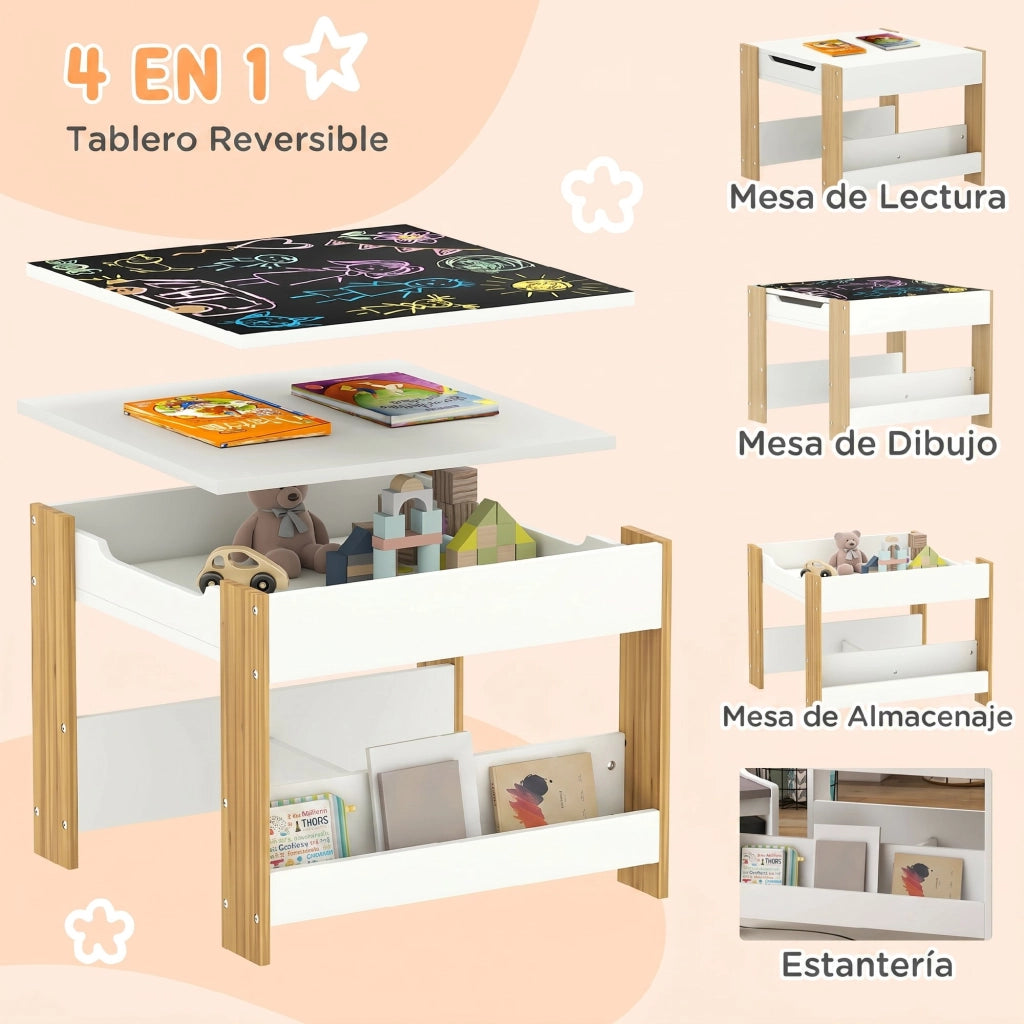 Set Tavolo e Sedie Bambini 3in1 ¨C Xylo ¨C Bianco Legno Naturale con Lavagna Cassetti