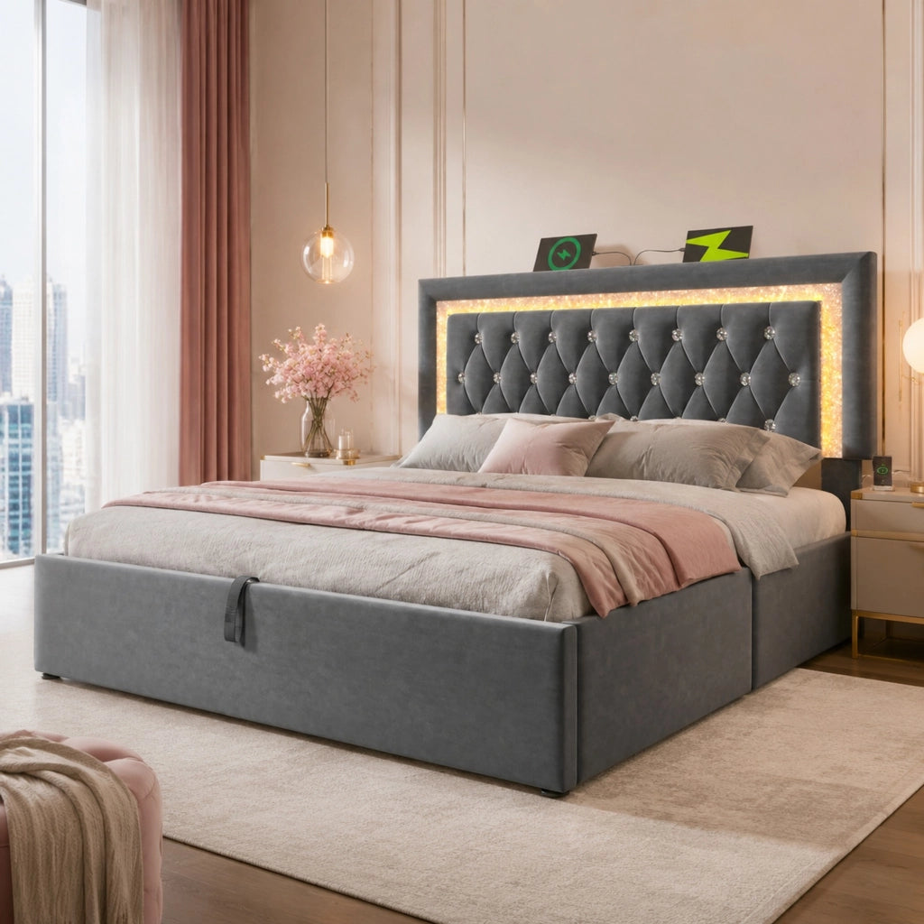 Letto matrimoniale 160x200 cm in velluto grigio con LED integrato, porte USB e USB-C, contenitore idraulico e rete a doghe