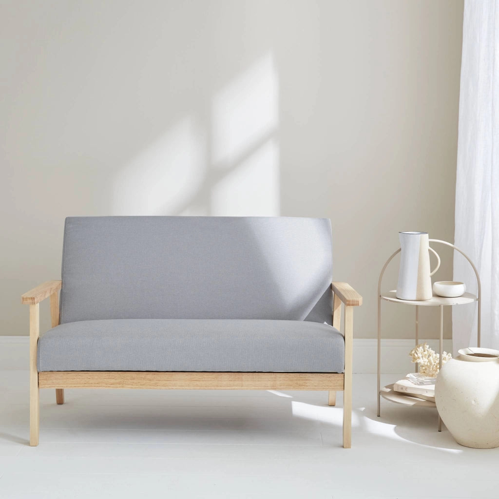 Divano stile scandinavo in legno e tessuto, 2 posti, grigio chiaro