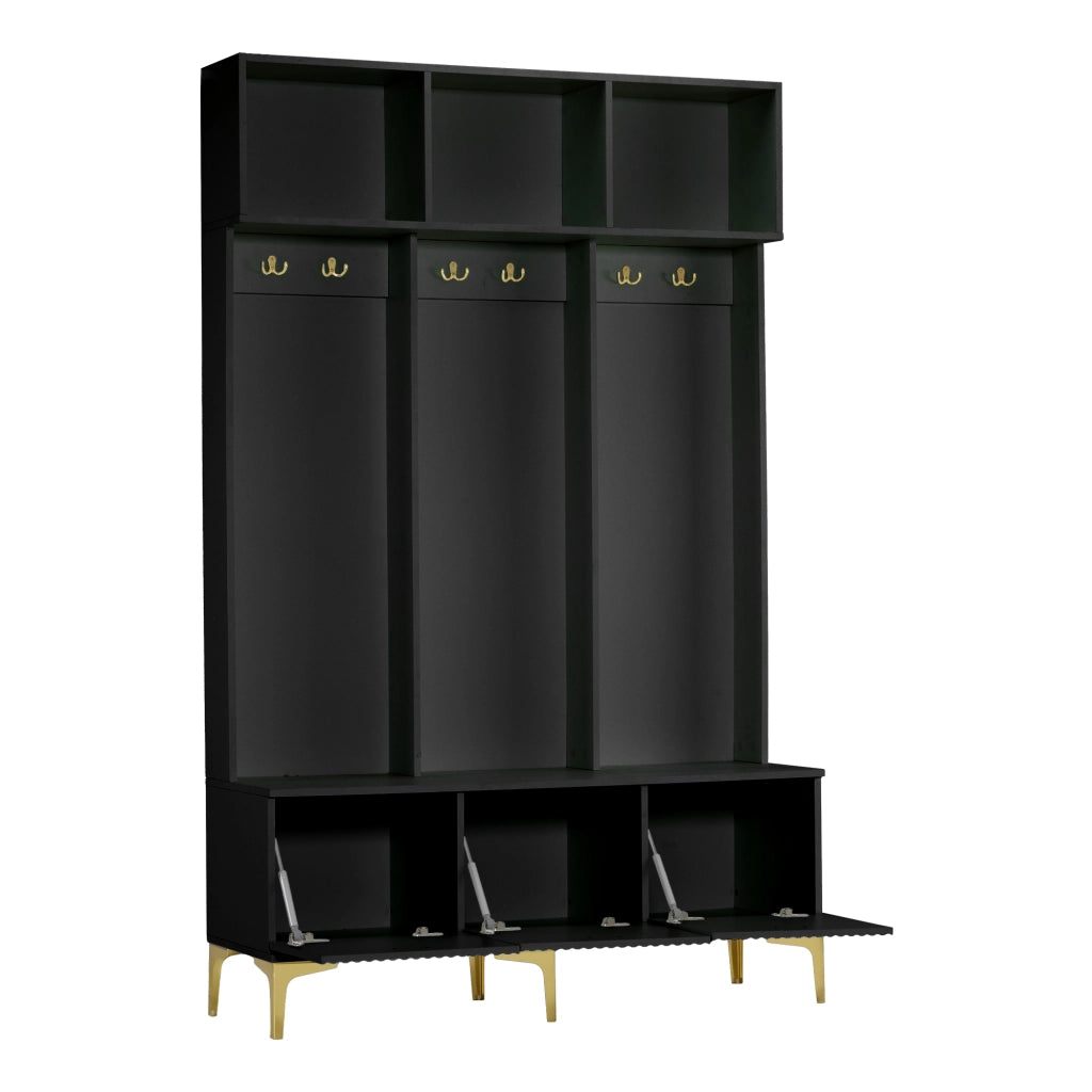 Set Ingresso con Panca e Appendiabiti ¨C MINIMAL ¨C Nero, Ganci Dorati, 120x40x191.5 cm